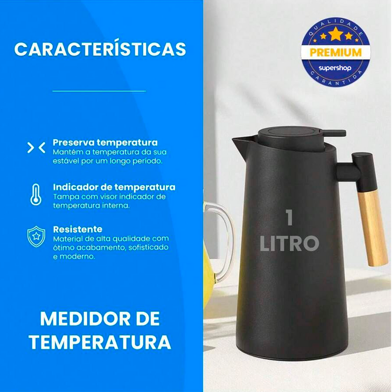 Garrafa Térmica LuxTemp 12H com Visor Digital e Cabo de Madeira 1L